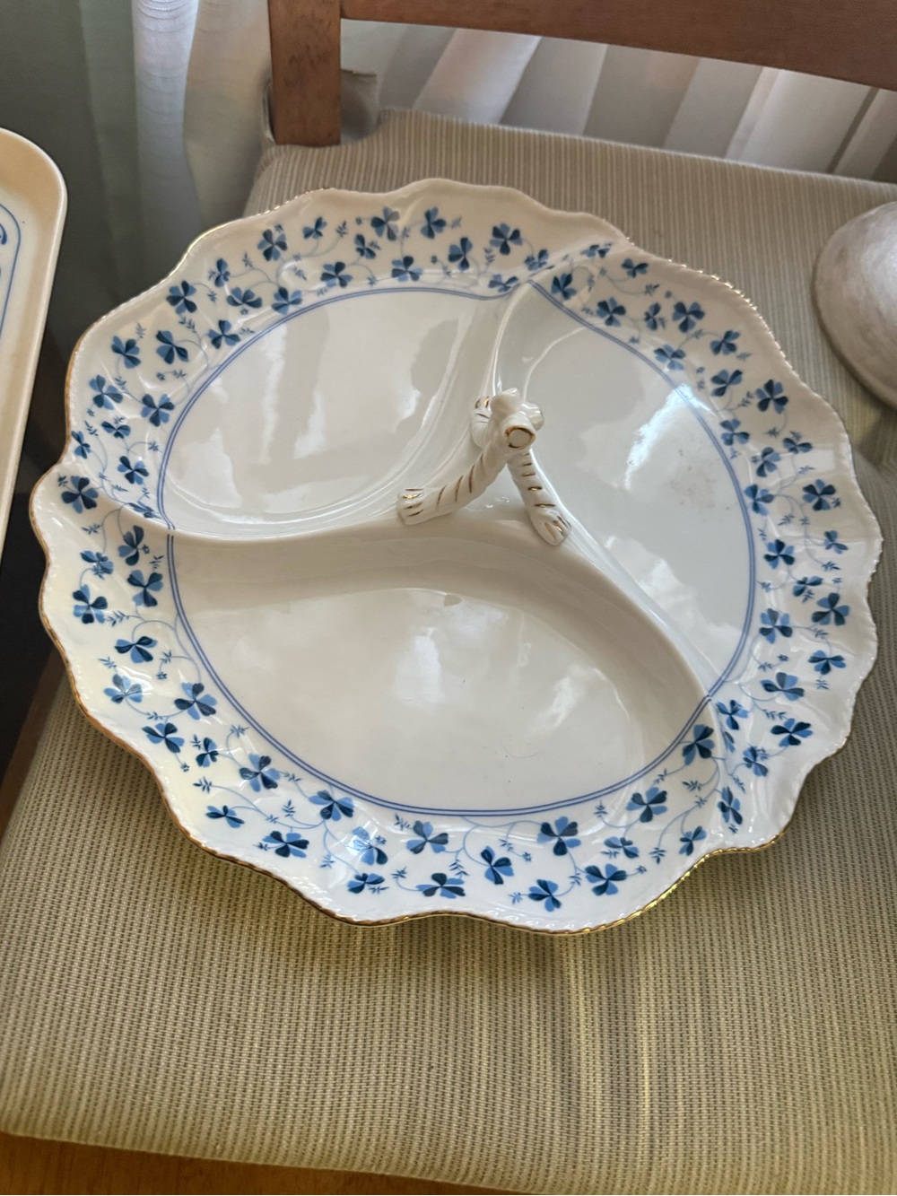 Godinger White Porcelain Divided Serving Dish with Blue Floral Trim